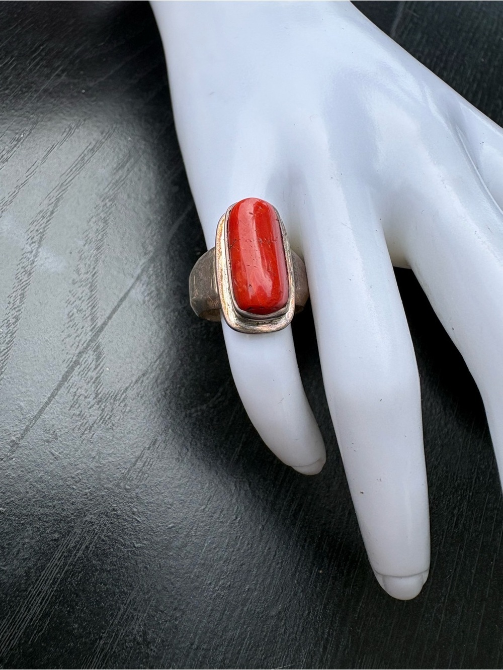 Vintage Sterling Sterling Ring with Bold Rectangular Coral Cabochon - Size 5
